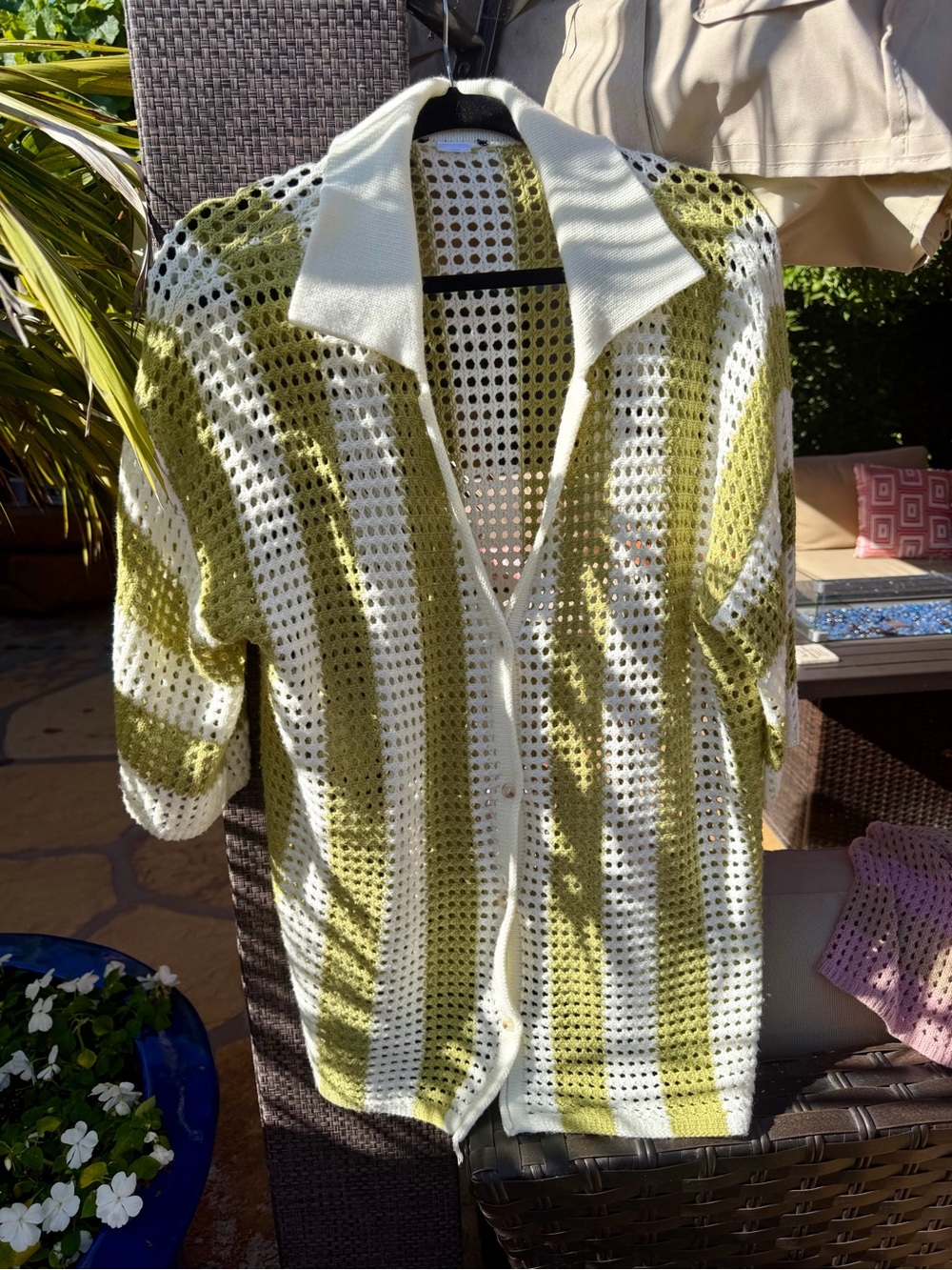 Vici Open Knit Striped Button-Up Sweater in Olive and Cream